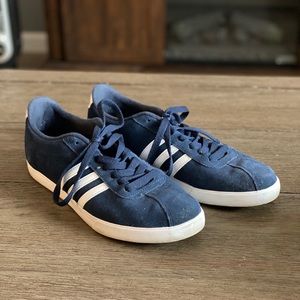Navy blue suede adidas tennis shoe